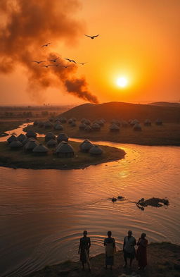 Aerial view of three African villages separated by a river, with huge banks flowing north towards a hill where it forms a junction with another village behind the hill