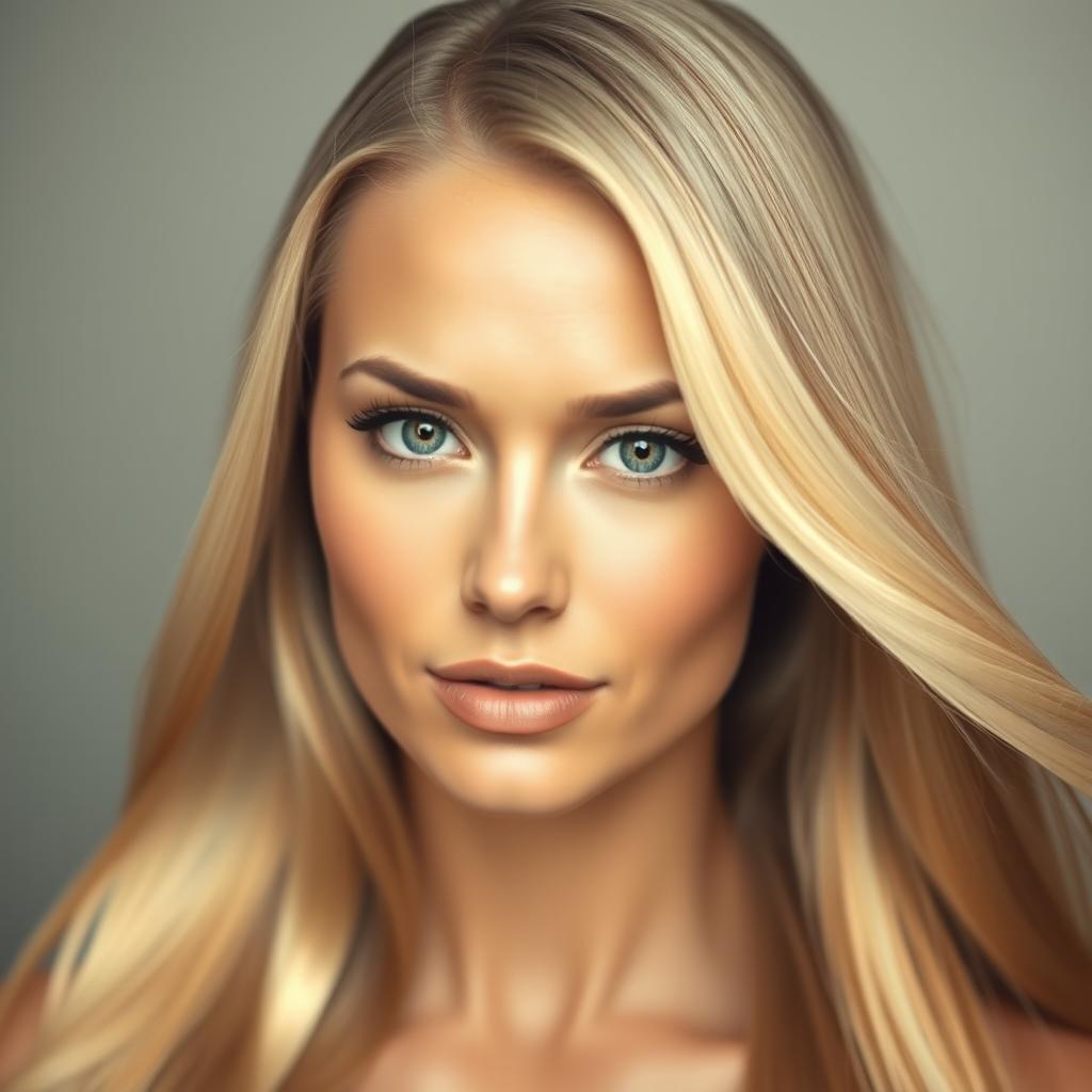 A highly detailed and realistic portrait of a woman with long, flowing blonde hair