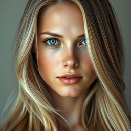 A highly detailed and realistic portrait of a woman with long, flowing blonde hair