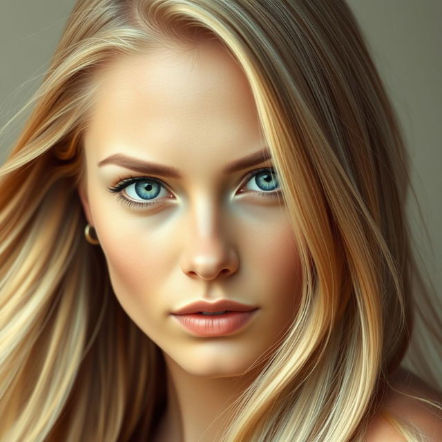 A highly detailed and realistic portrait of a woman with long, flowing blonde hair