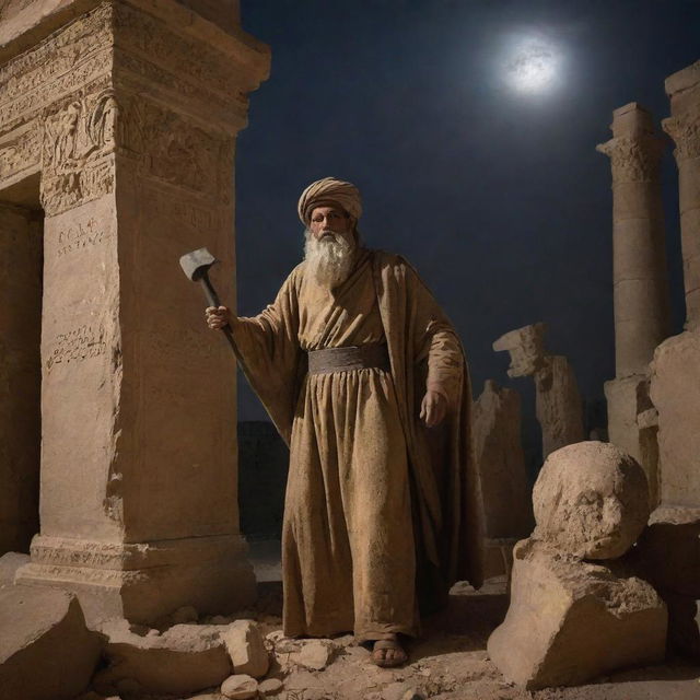 Under the cover of night, the radiant Prophet Ibrahim, armed with an axe, demolishes the statues in the grand Babylonian temple, their fragments scattering around him. The dramatic intensity contrasts strongly with the serene sleeping city outside.