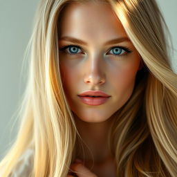 A hyper-realistic portrait of a beautiful woman with long blonde hair, featuring stunning details in her facial features