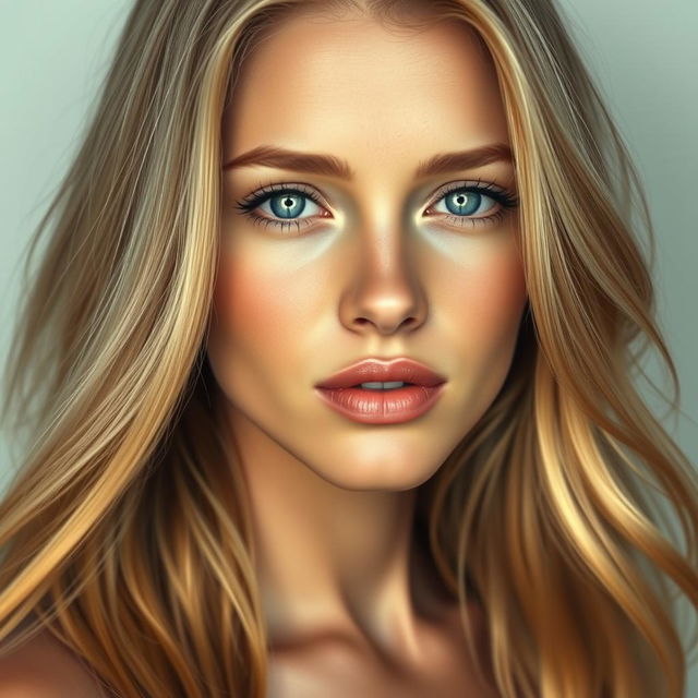 A hyper-realistic portrait of a beautiful woman with long blonde hair, featuring stunning details in her facial features