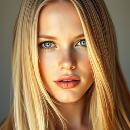 A hyper-realistic portrait of a beautiful woman with long blonde hair, featuring stunning details in her facial features