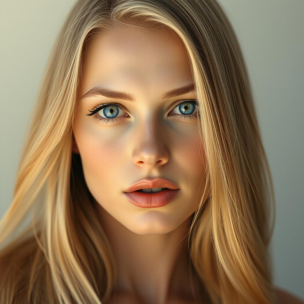 A hyper-realistic portrait of a beautiful woman with long blonde hair, featuring stunning details in her facial features