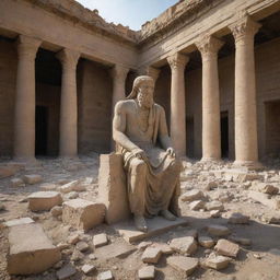 In the aftermath of destruction within the Babylonian temple, Prophet Ibrahim, glowing amidst the rubble, has left only one large statue intact. The silent grandeur of the solitary statue contrasts starkly against the remnants of the others.