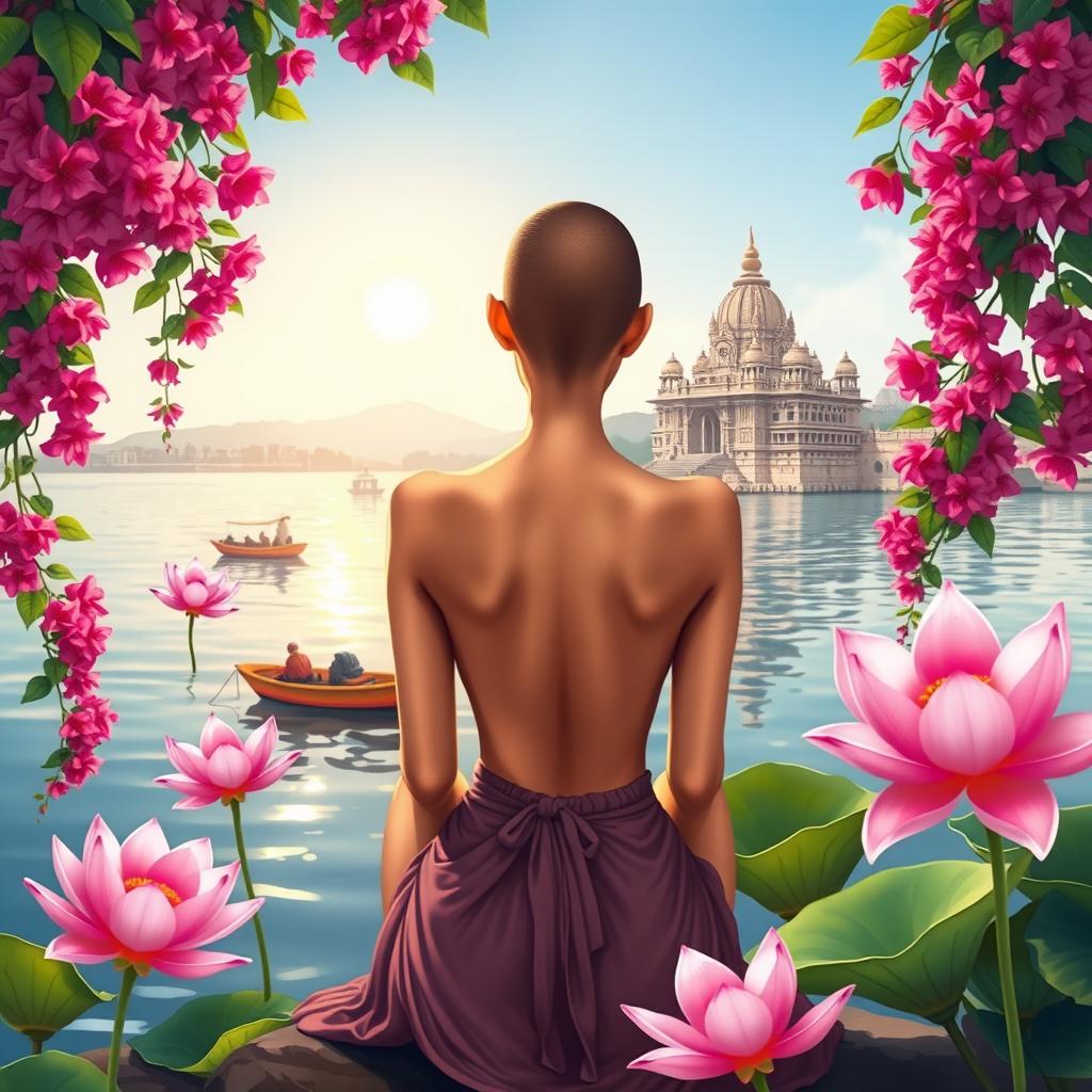 A vibrant book cover illustration featuring a slim, slender woman's back with bare shoulders and a tonsured head, sitting on the banks of the Ganges River