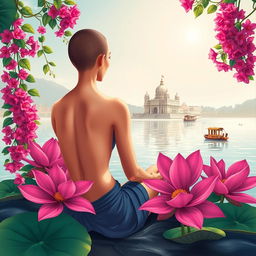 A vibrant book cover illustration featuring a slim, slender woman's back with bare shoulders and a tonsured head, sitting on the banks of the Ganges River
