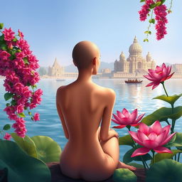 A vibrant book cover illustration featuring a slim, slender woman's back with bare shoulders and a tonsured head, sitting on the banks of the Ganges River