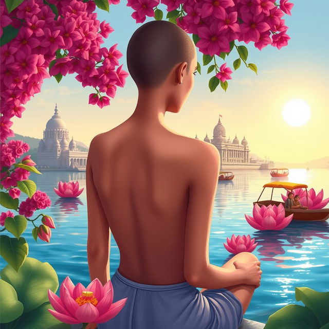 A vibrant book cover illustration featuring a slim, slender woman's back with bare shoulders and a tonsured head, sitting on the banks of the Ganges River