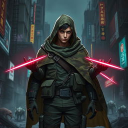 A young adult male rogue in a dark dystopian biopunk setting, where humans, machines, and beasts are intricately mixed
