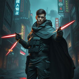 A young adult male rogue in a dark dystopian biopunk setting, where humans, machines, and beasts are intricately mixed