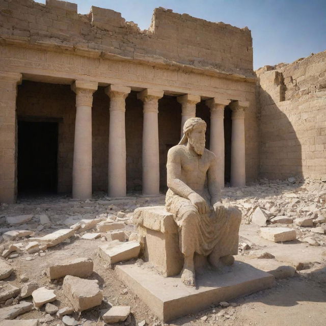 In the aftermath of destruction within the Babylonian temple, Prophet Ibrahim, glowing amidst the rubble, has left only one large statue intact. The silent grandeur of the solitary statue contrasts starkly against the remnants of the others.