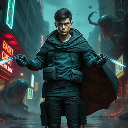 A young adult male rogue in a dark dystopian biopunk setting, where humans, machines, and beasts are intricately mixed
