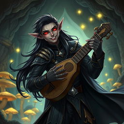 A charismatic male drow bard with long, glossy black hair cascading over his shoulders, performing joyfully with a lute in a mystical underground cavern filled with glowing mushrooms and ancient stone pillars