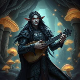 A charismatic male drow bard with long, glossy black hair cascading over his shoulders, performing joyfully with a lute in a mystical underground cavern filled with glowing mushrooms and ancient stone pillars