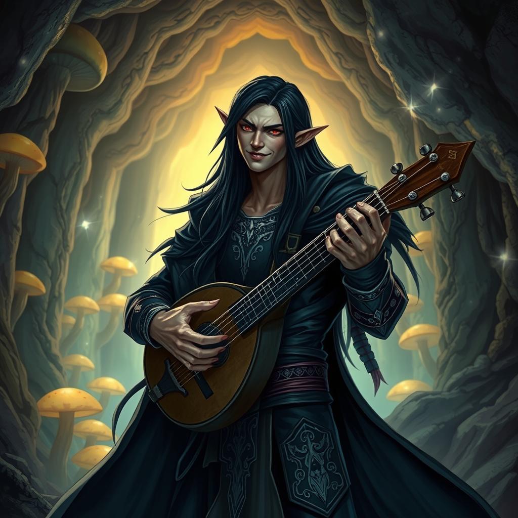 A charismatic male drow bard with long, glossy black hair cascading over his shoulders, performing joyfully with a lute in a mystical underground cavern filled with glowing mushrooms and ancient stone pillars