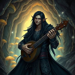 A charismatic male drow bard with long, glossy black hair cascading over his shoulders, performing joyfully with a lute in a mystical underground cavern filled with glowing mushrooms and ancient stone pillars