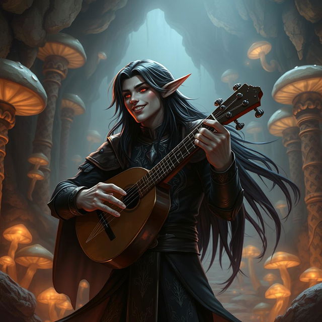 A charismatic male drow bard with long, glossy black hair cascading over his shoulders, performing joyfully with a lute in a mystical underground cavern filled with glowing mushrooms and ancient stone pillars