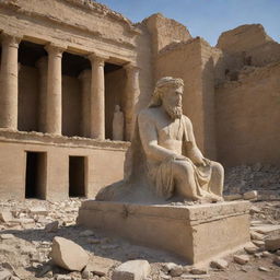 In the aftermath of destruction within the Babylonian temple, Prophet Ibrahim, glowing amidst the rubble, has left only one large statue intact. The silent grandeur of the solitary statue contrasts starkly against the remnants of the others.