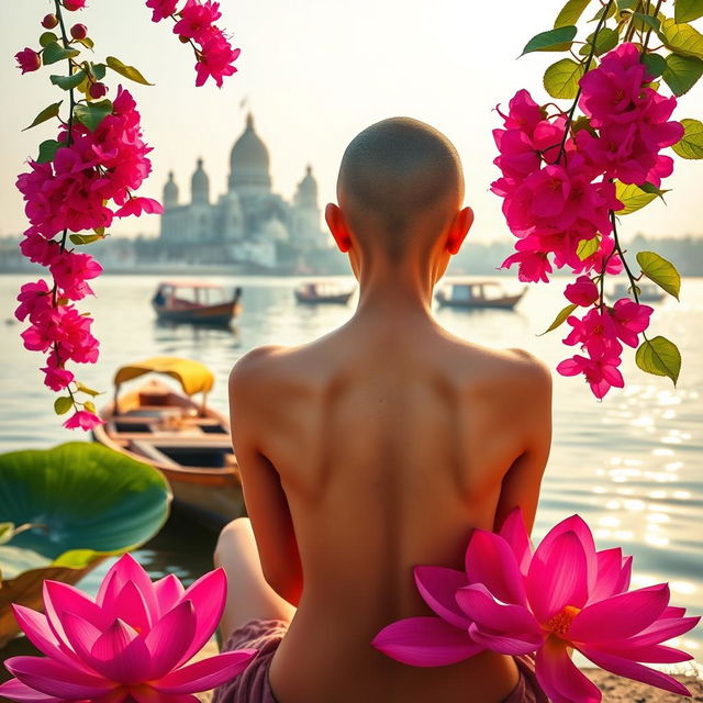 A vibrant book cover featuring a slender woman’s back with bare shoulders and a tonsured head, showcasing a serene and contemplative posture as she sits by the banks of the Ganges River