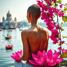 A vibrant book cover featuring a slender woman’s back with bare shoulders and a tonsured head, showcasing a serene and contemplative posture as she sits by the banks of the Ganges River