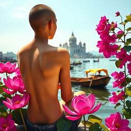 A vibrant book cover featuring a slender woman’s back with bare shoulders and a tonsured head, showcasing a serene and contemplative posture as she sits by the banks of the Ganges River