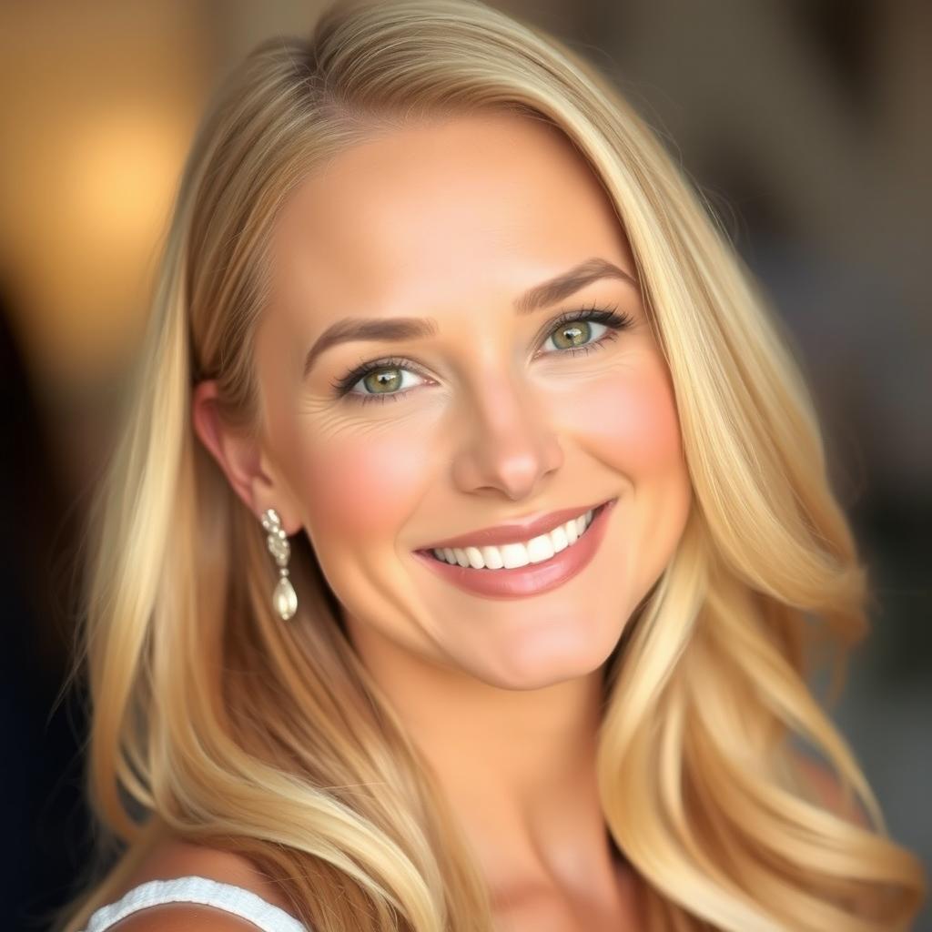 A portrait of a beautiful blonde woman, with a radiant smile, showcasing her elegant features