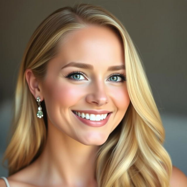 A portrait of a beautiful blonde woman, with a radiant smile, showcasing her elegant features