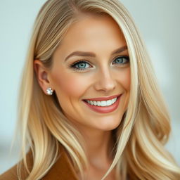 A portrait of a beautiful blonde woman, with a radiant smile, showcasing her elegant features