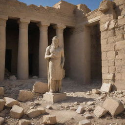 In the aftermath of destruction within the Babylonian temple, Prophet Ibrahim, glowing amidst the rubble, has left only one large statue intact. The silent grandeur of the solitary statue contrasts starkly against the remnants of the others.