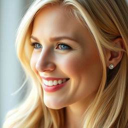 A portrait of a beautiful blonde woman, with a radiant smile, showcasing her elegant features