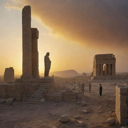 The scene at dawn the next day in the Babylonian temple tells a tale of shock. The residents, entering the temple, are taken aback by the sight of the lone standing statue amid the wreckage, creating a stir against the tranquil sunrise.