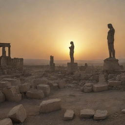 The scene at dawn the next day in the Babylonian temple tells a tale of shock. The residents, entering the temple, are taken aback by the sight of the lone standing statue amid the wreckage, creating a stir against the tranquil sunrise.