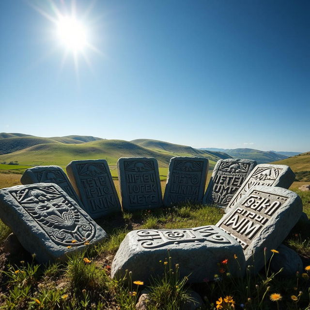 An artistic interpretation of ancient Göktürks script (Göktürk Runic) carved into stone tablets, showcasing intricate patterns and designs