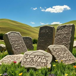 An artistic interpretation of ancient Göktürks script (Göktürk Runic) carved into stone tablets, showcasing intricate patterns and designs