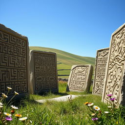 An artistic interpretation of ancient Göktürks script (Göktürk Runic) carved into stone tablets, showcasing intricate patterns and designs