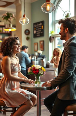 A romantic comedy scene set in a charming, sunlit café