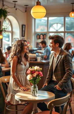 A romantic comedy scene set in a charming, sunlit café