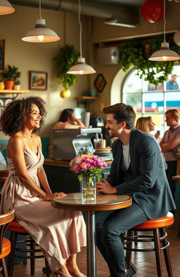 A romantic comedy scene set in a charming, sunlit café