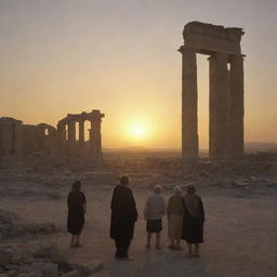 The scene at dawn the next day in the Babylonian temple tells a tale of shock. The residents, entering the temple, are taken aback by the sight of the lone standing statue amid the wreckage, creating a stir against the tranquil sunrise.