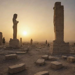 The scene at dawn the next day in the Babylonian temple tells a tale of shock. The residents, entering the temple, are taken aback by the sight of the lone standing statue amid the wreckage, creating a stir against the tranquil sunrise.