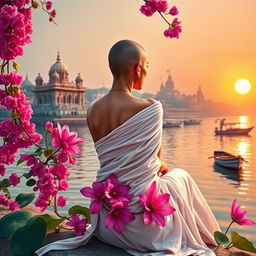 A vibrant book cover depicting a slim, slender woman's back clad in a white flowing sari with partly bare shoulders and a tonsured head, sitting elegantly by the banks of the Ganges River