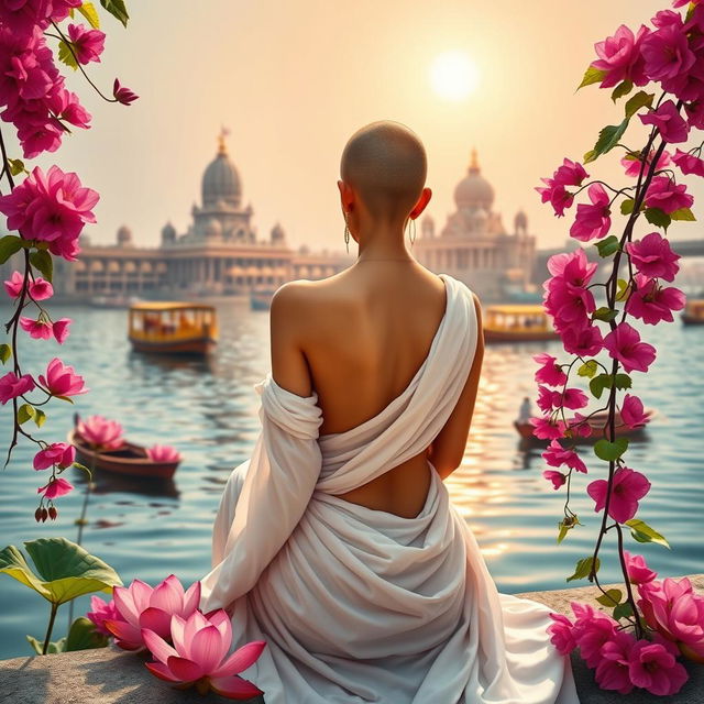 A vibrant book cover depicting a slim, slender woman's back clad in a white flowing sari with partly bare shoulders and a tonsured head, sitting elegantly by the banks of the Ganges River