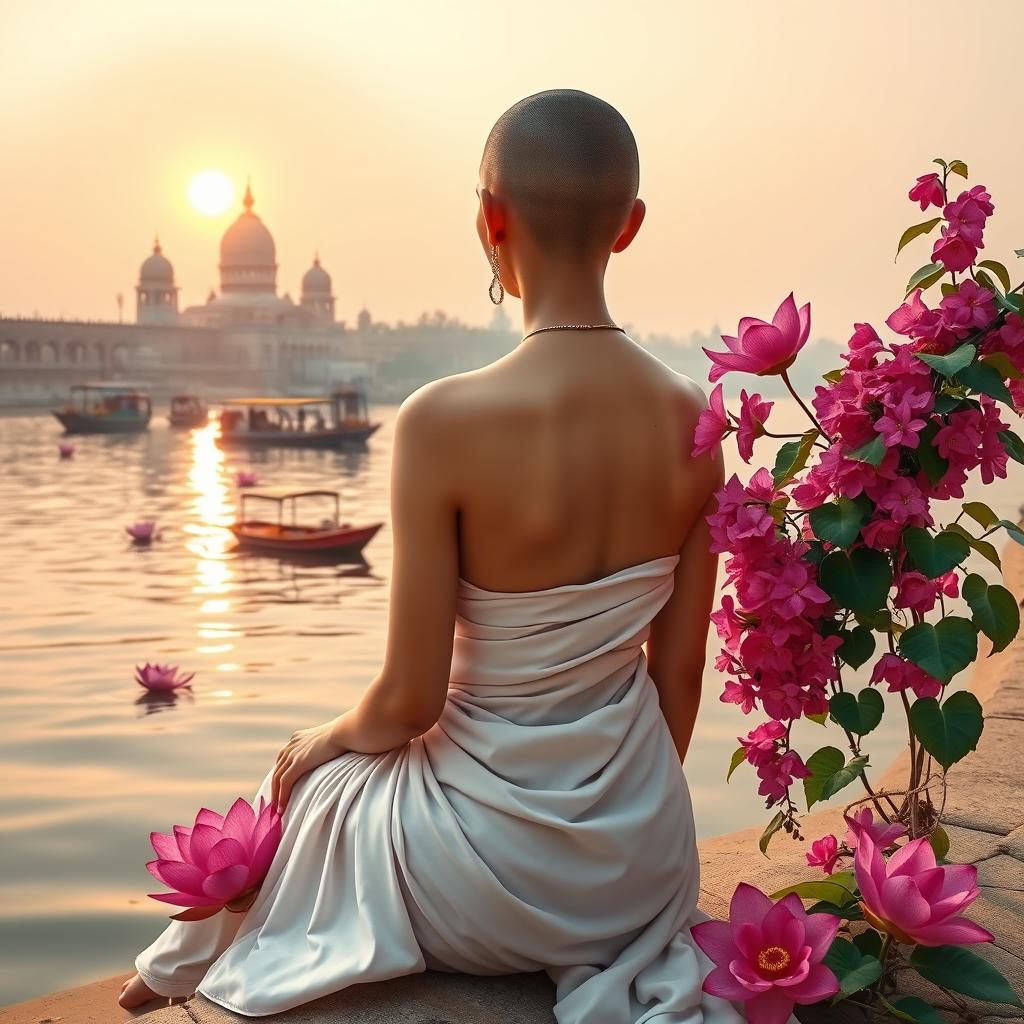 A vibrant book cover depicting a slim, slender woman's back clad in a white flowing sari with partly bare shoulders and a tonsured head, sitting elegantly by the banks of the Ganges River