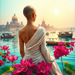A vibrant book cover depicting a slim, slender woman's back clad in a white flowing sari with partly bare shoulders and a tonsured head, sitting elegantly by the banks of the Ganges River