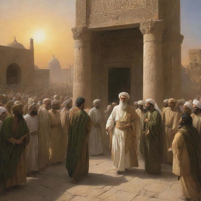 A dramatic scene ensues as the shocked Babylonians drag the radiant figure of Prophet Ibrahim towards the temple, their faces marked by disbelief. This contrasts sharply with the calm sunrise and the aftermath within the temple.