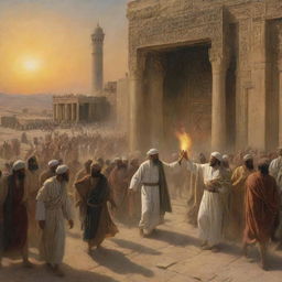 A dramatic scene ensues as the shocked Babylonians drag the radiant figure of Prophet Ibrahim towards the temple, their faces marked by disbelief. This contrasts sharply with the calm sunrise and the aftermath within the temple.