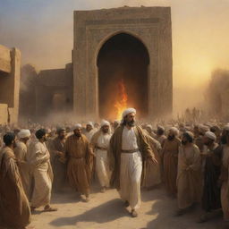 A dramatic scene ensues as the shocked Babylonians drag the radiant figure of Prophet Ibrahim towards the temple, their faces marked by disbelief. This contrasts sharply with the calm sunrise and the aftermath within the temple.