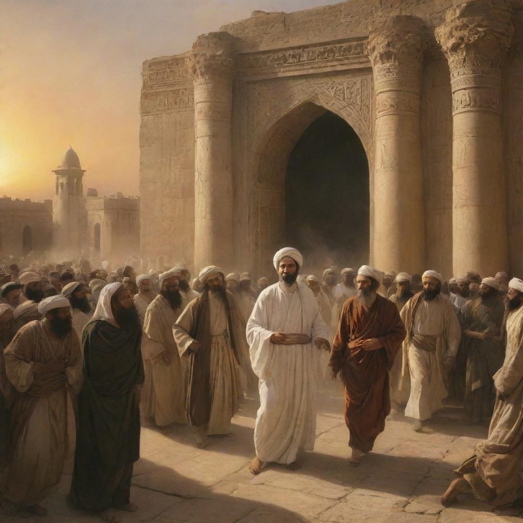A dramatic scene ensues as the shocked Babylonians drag the radiant figure of Prophet Ibrahim towards the temple, their faces marked by disbelief. This contrasts sharply with the calm sunrise and the aftermath within the temple.